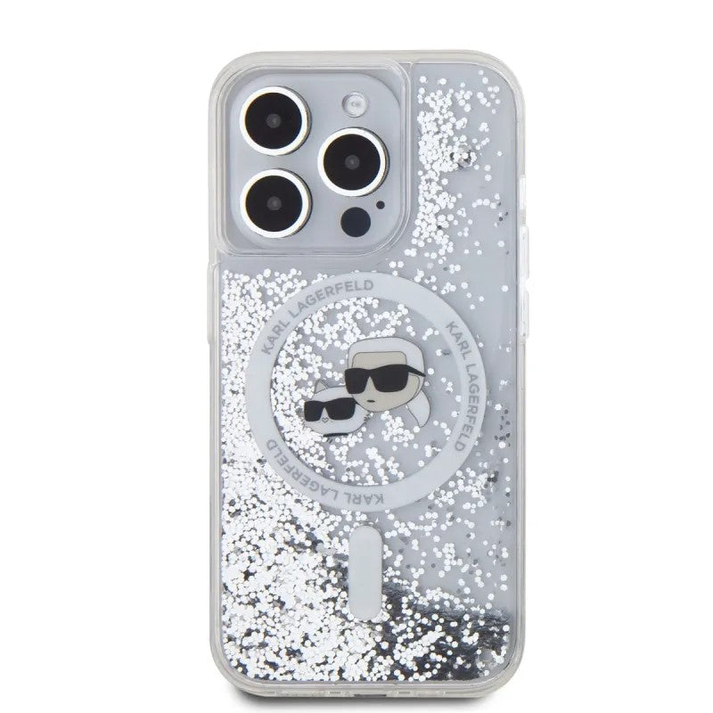 Custodia MagSafe per Apple iPhone 15 Pro Max, Karl Lagerfeld, Liquid Glitter Karl & Choupette's Heads, Trasparente