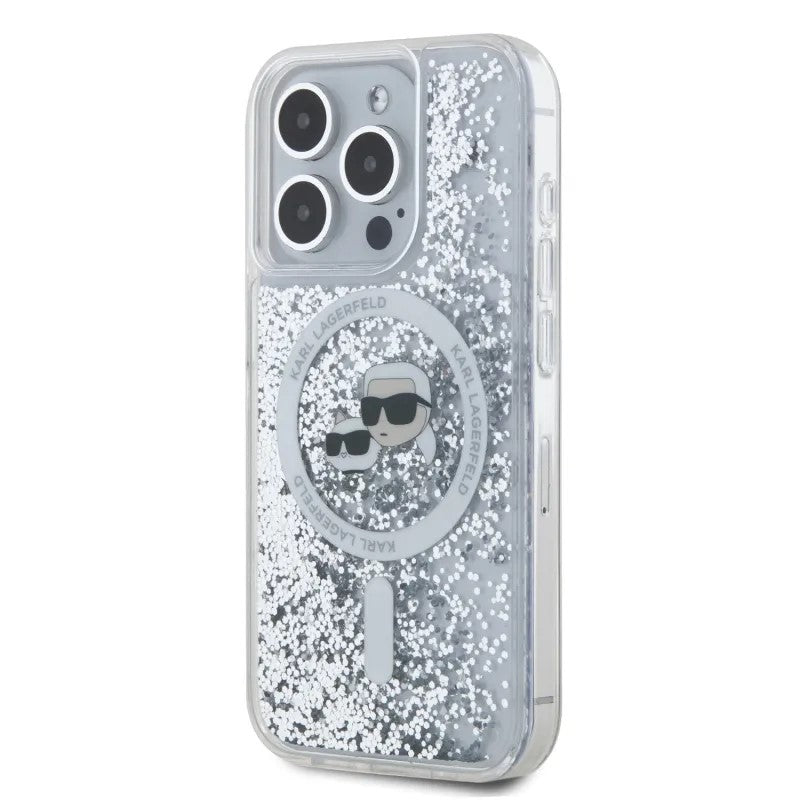 Custodia MagSafe per Apple iPhone 15 Pro Max, Karl Lagerfeld, Liquid Glitter Karl & Choupette's Heads, Trasparente