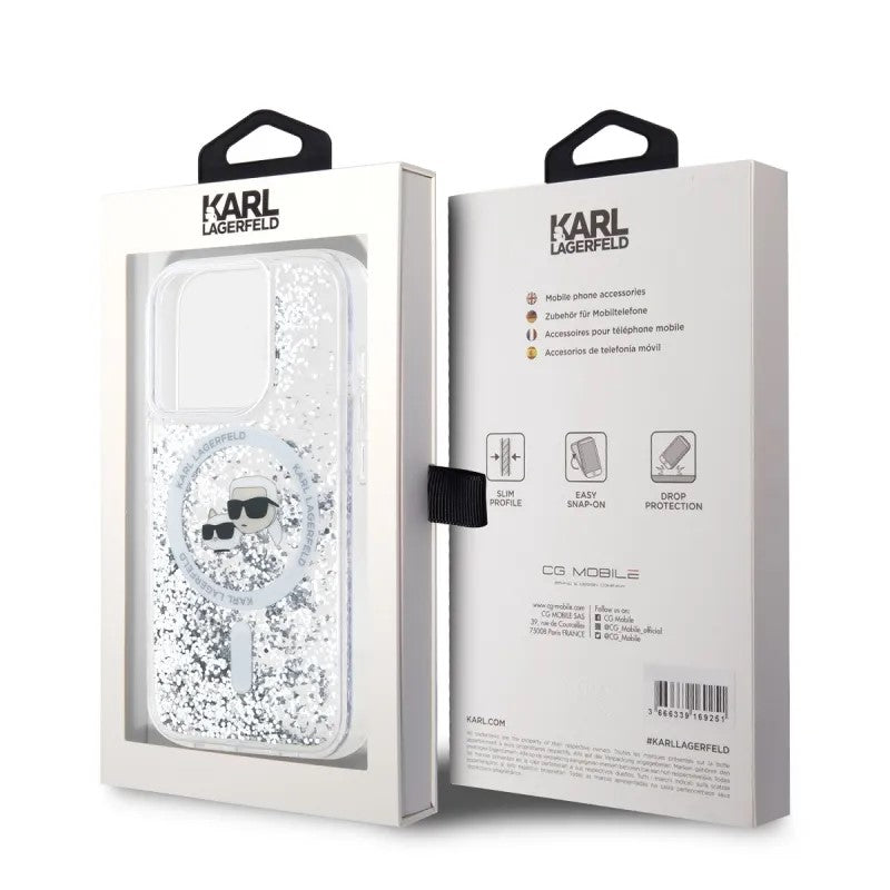 Custodia MagSafe per Apple iPhone 15 Pro Max, Karl Lagerfeld, Liquid Glitter Karl & Choupette's Heads, Trasparente