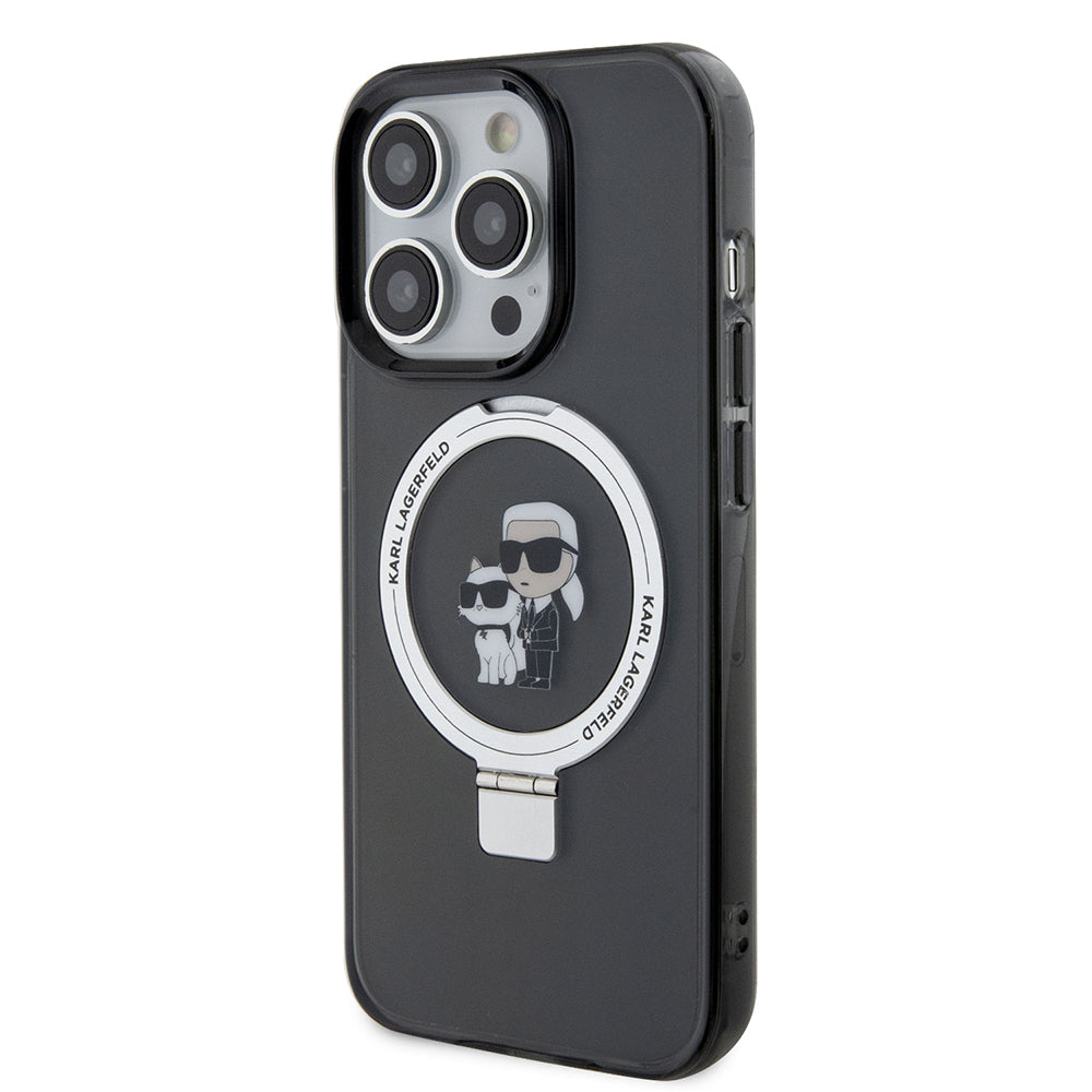 Custodia MagSafe per Apple iPhone 15 Pro Max, Karl Lagerfeld, Ring Stand Karl & Choupette, Nera