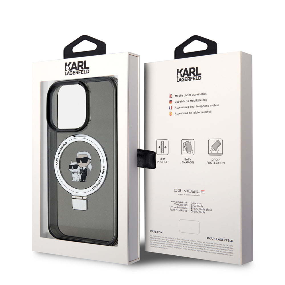 Custodia MagSafe per Apple iPhone 15 Pro Max, Karl Lagerfeld, Ring Stand Karl & Choupette, Nera