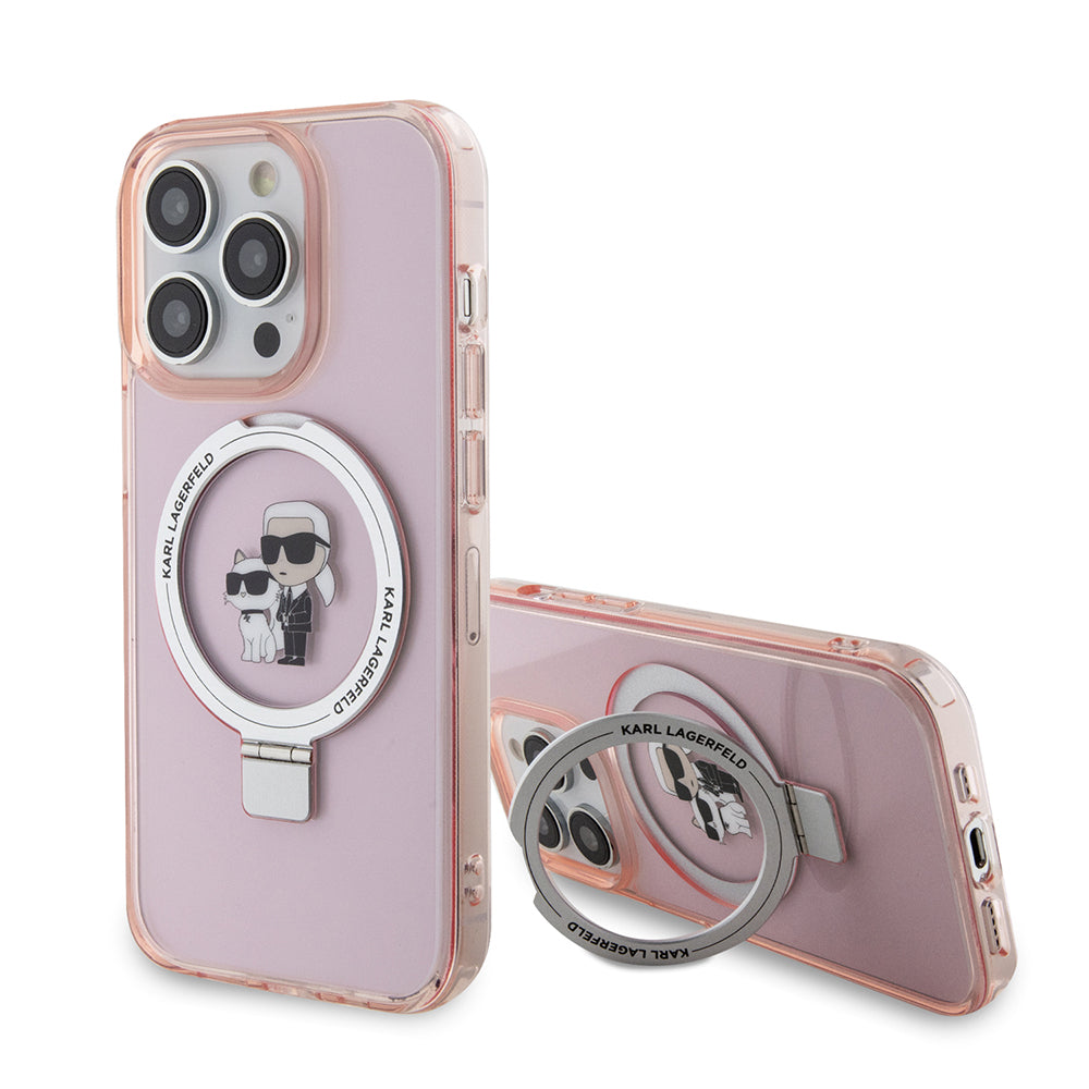 Custodia MagSafe per Apple iPhone 15 Pro Max, Karl Lagerfeld, Ring Stand Karl & Choupette, Rosa