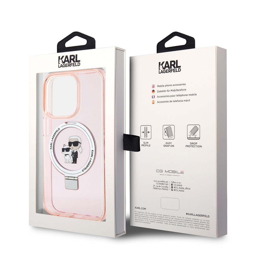 Custodia MagSafe per Apple iPhone 15 Pro Max, Karl Lagerfeld, Ring Stand Karl & Choupette, Rosa