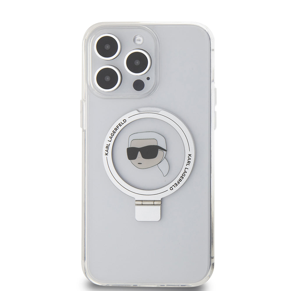Custodia MagSafe per Apple iPhone 15 Pro Max, Karl Lagerfeld, Ring Stand Karl's Head, Bianca