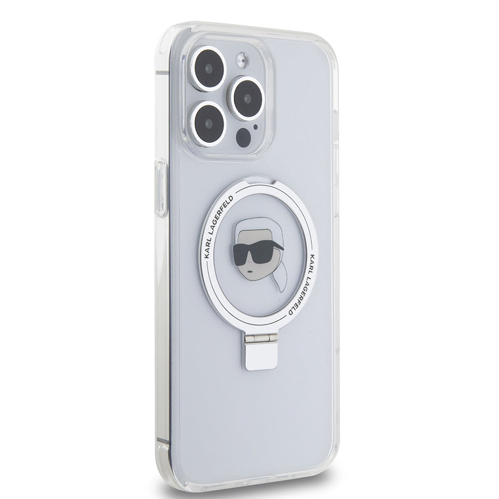 Custodia MagSafe per Apple iPhone 15 Pro Max, Karl Lagerfeld, Ring Stand Karl's Head, Bianca
