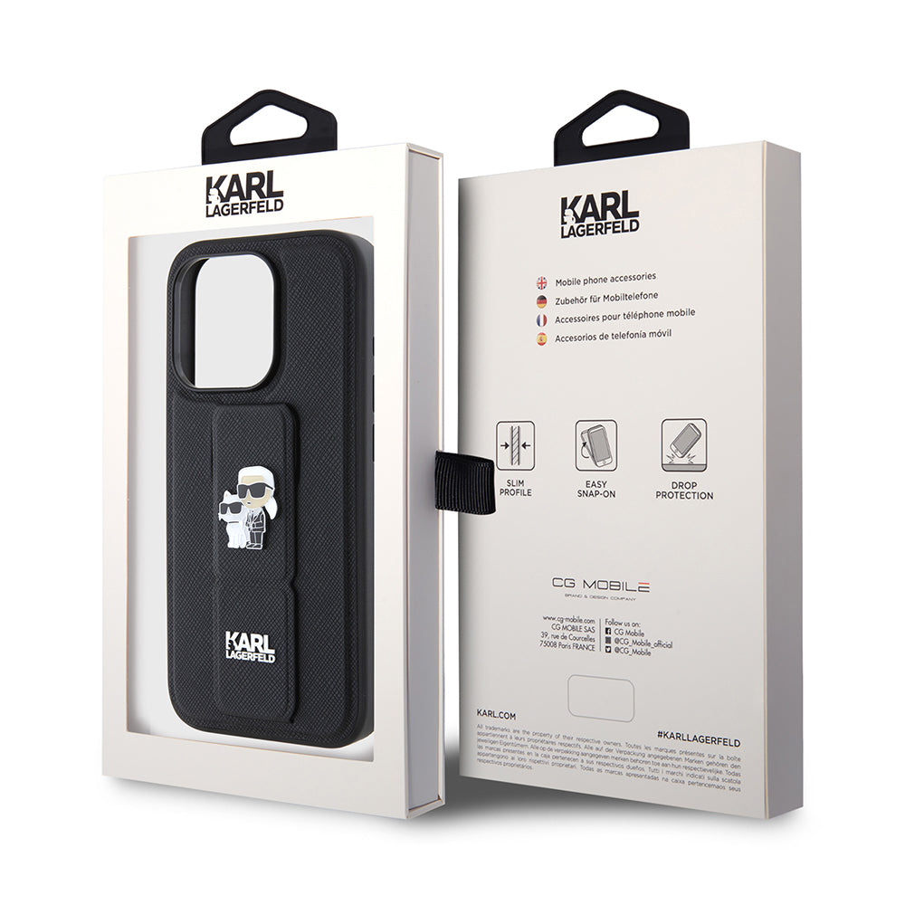 Custodia MagSafe per Apple iPhone 15 Pro Max, Karl Lagerfeld, Saffiano Gripstand Karl & Choupette, Nera