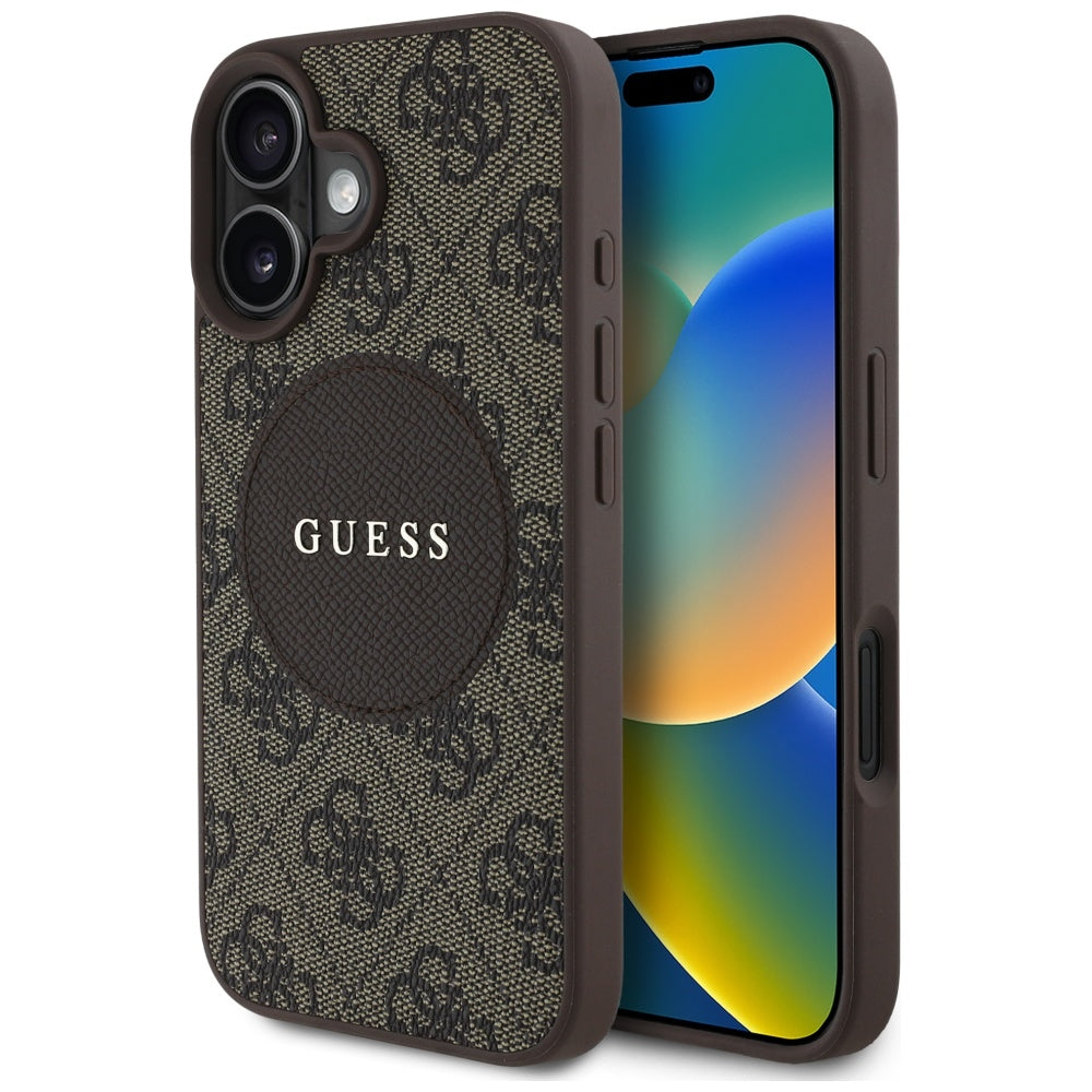 Custodia MagSafe per Apple iPhone 16, Guess, 4G Circle Classic Logo, Marrone