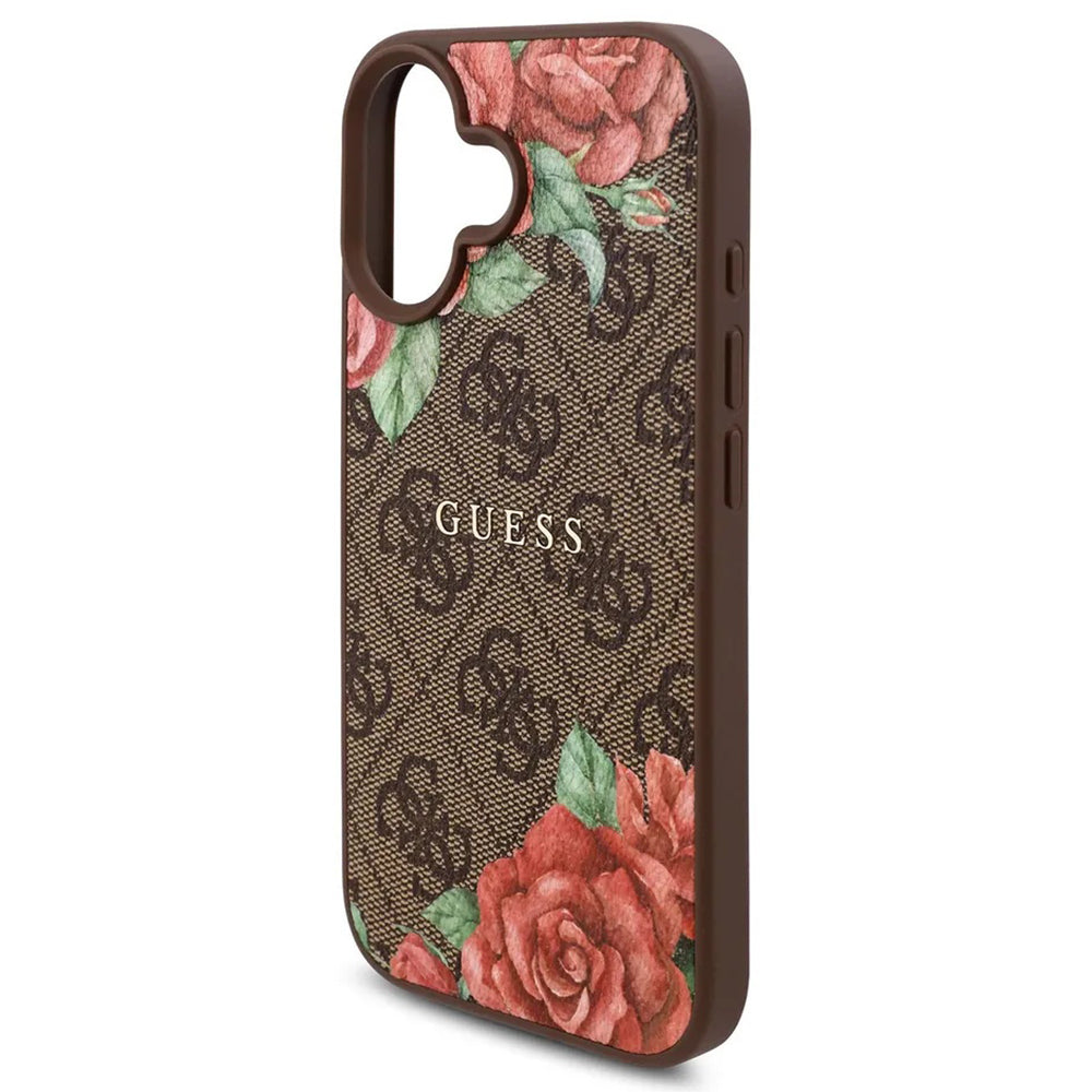 Custodia MagSafe per Apple iPhone 16, Guess, 4G Flowers Print, Marrone