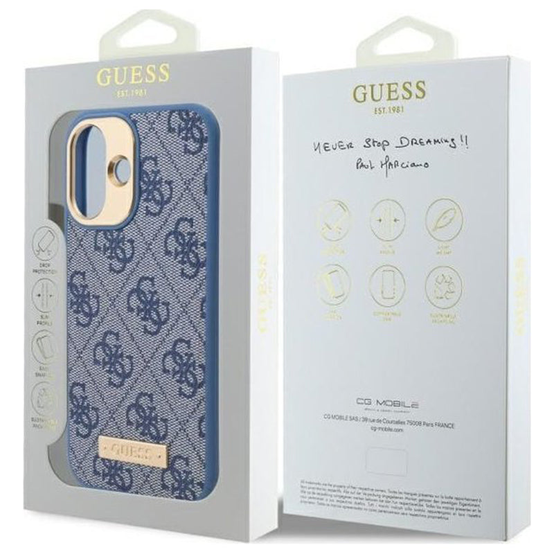 Custodia MagSafe per Apple iPhone 16, Guess, 4G Logo Plate, Blu