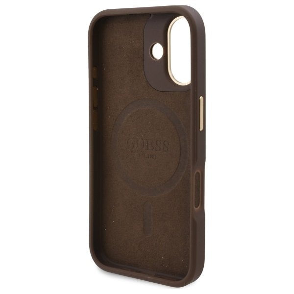 Custodia MagSafe per Apple iPhone 16, Guess, 4G Logo Plate, Marrone
