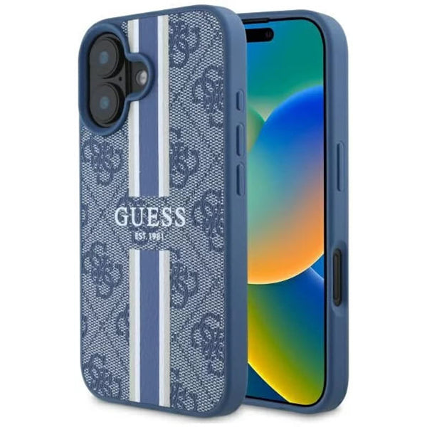 Custodia MagSafe per Apple iPhone 16, Guess, 4G Printed Stripes, Blu
