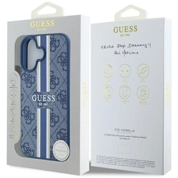 Custodia MagSafe per Apple iPhone 16, Guess, 4G Printed Stripes, Blu