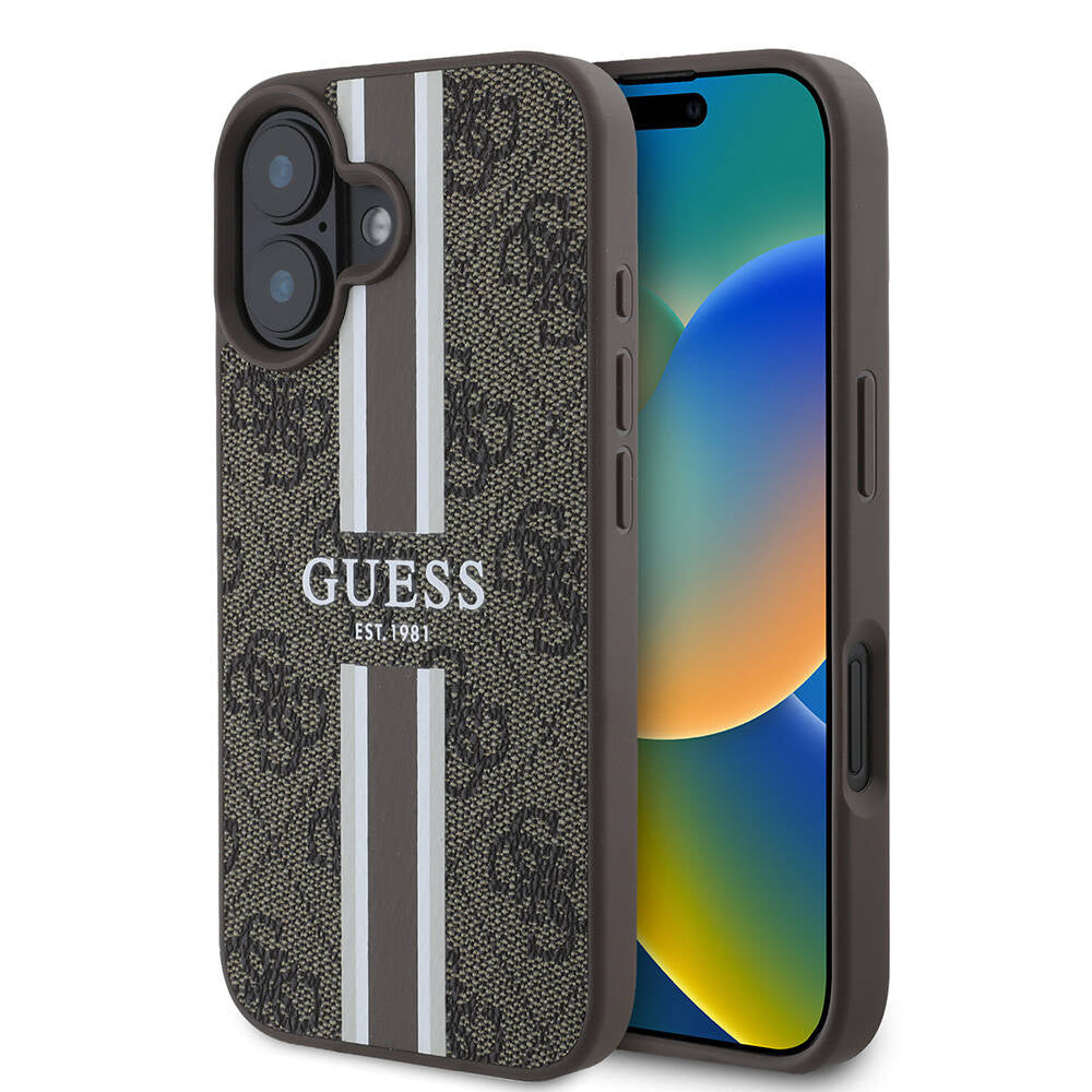 Custodia MagSafe per Apple iPhone 16, Guess, 4G Printed Stripes, Marrone