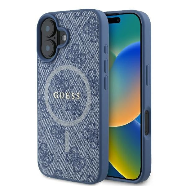 Custodia MagSafe per Apple iPhone 16, Guess, 4G Ring Classic Logo, Blu