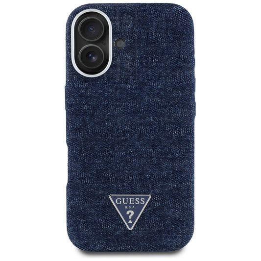 Custodia MagSafe per Apple iPhone 16, Guess, Denim Triangle Logo, Blu