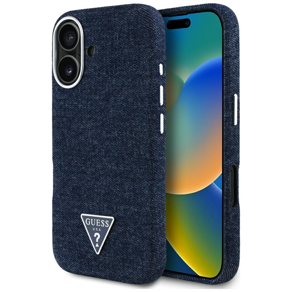 Custodia MagSafe per Apple iPhone 16, Guess, Denim Triangle Logo, Blu