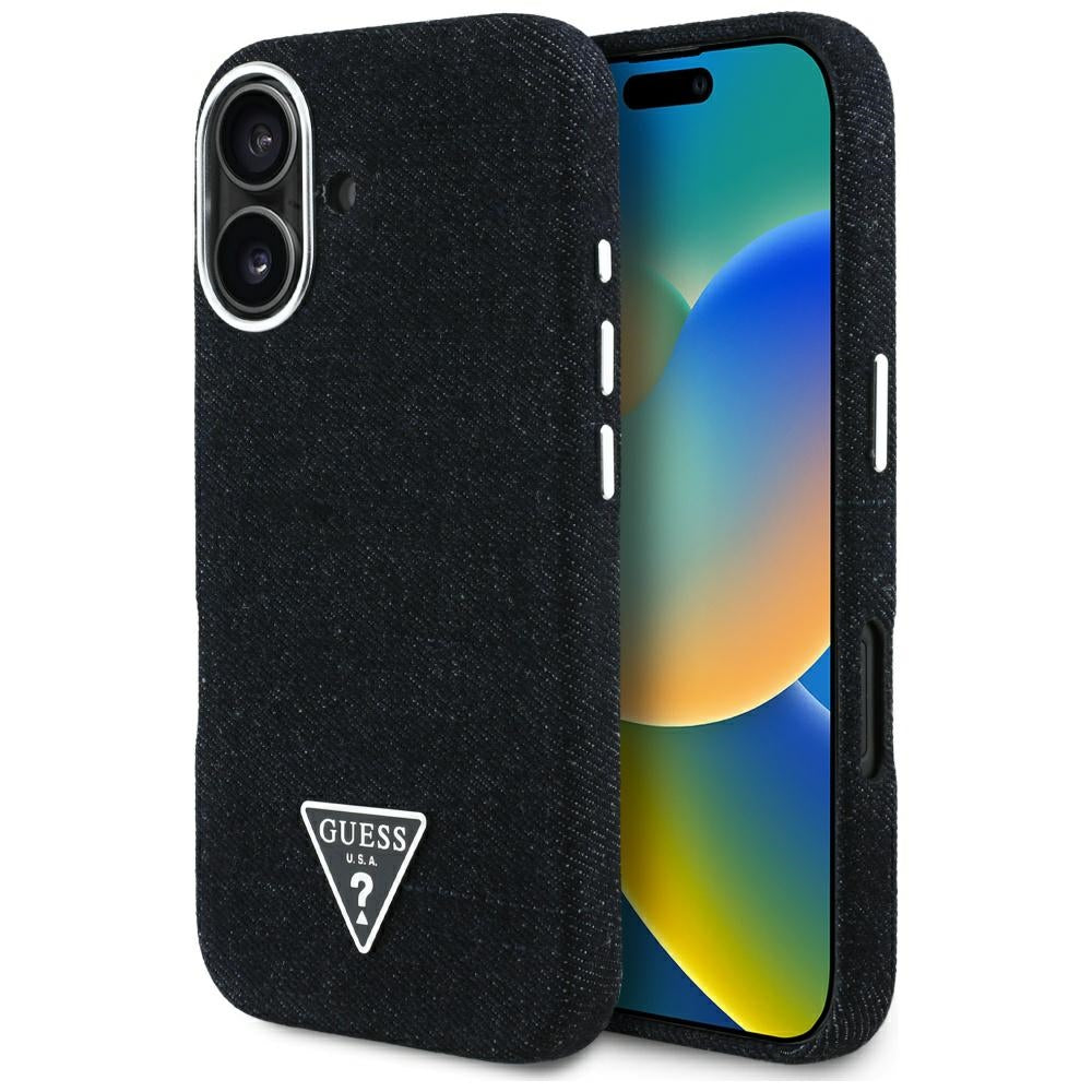 Custodia MagSafe per Apple iPhone 16, Guess, Denim Triangle Logo, Nera