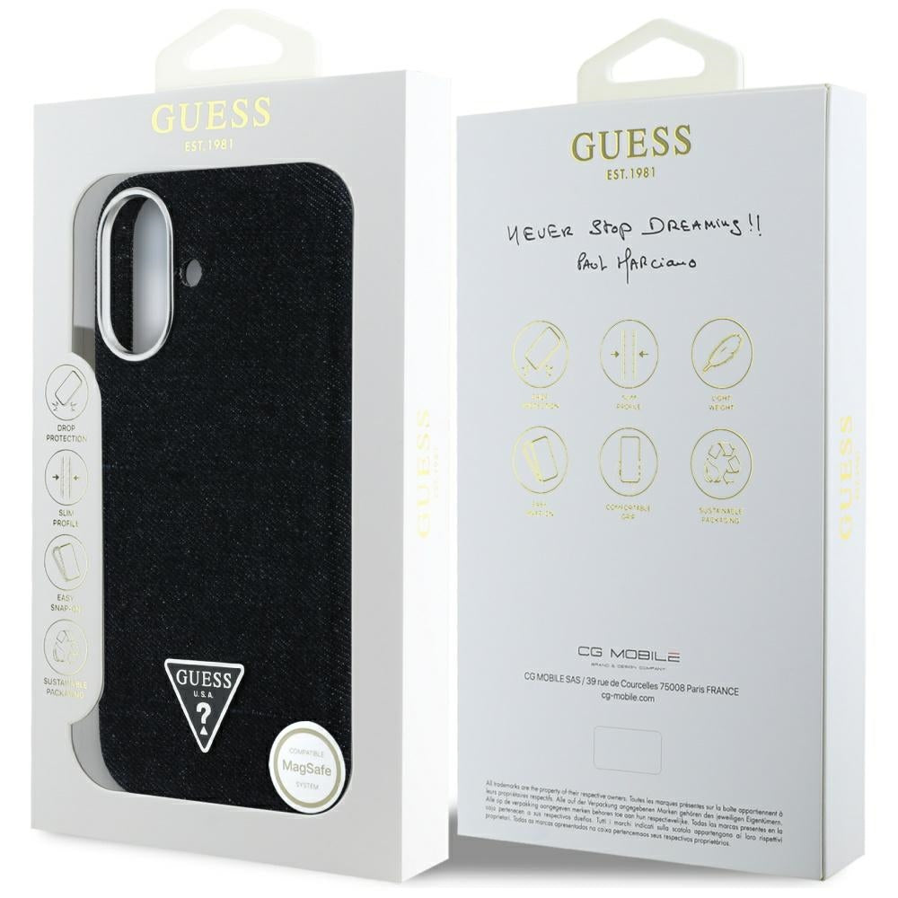 Custodia MagSafe per Apple iPhone 16, Guess, Denim Triangle Logo, Nera