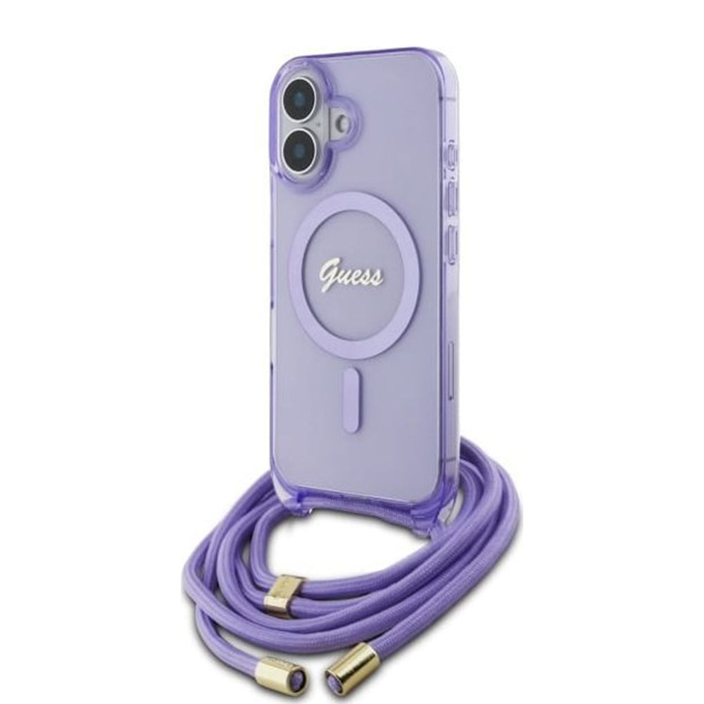 Custodia MagSafe per Apple iPhone 16, Guess, IML Crossbody Cord Script, Viola