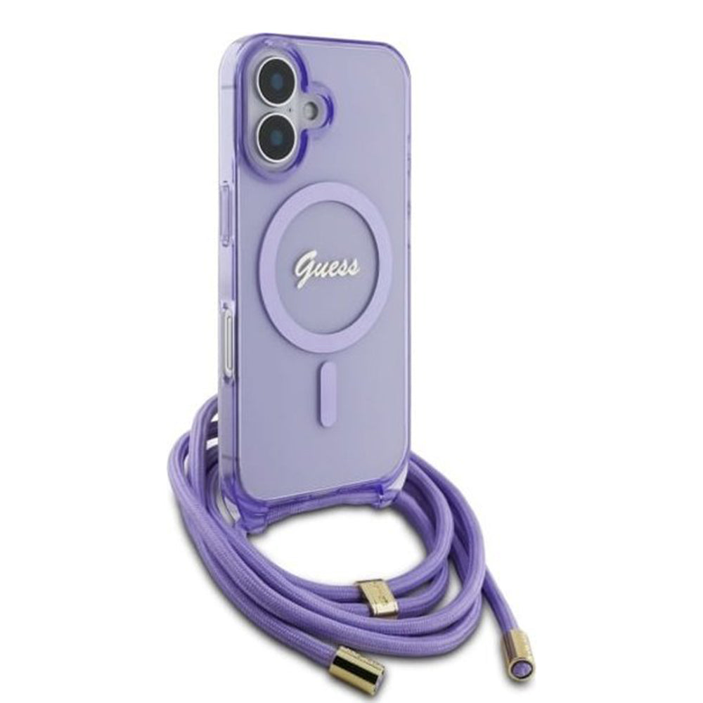 Custodia MagSafe per Apple iPhone 16, Guess, IML Crossbody Cord Script, Viola