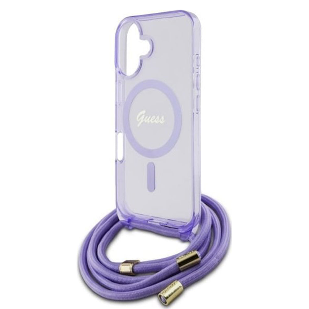 Custodia MagSafe per Apple iPhone 16, Guess, IML Crossbody Cord Script, Viola