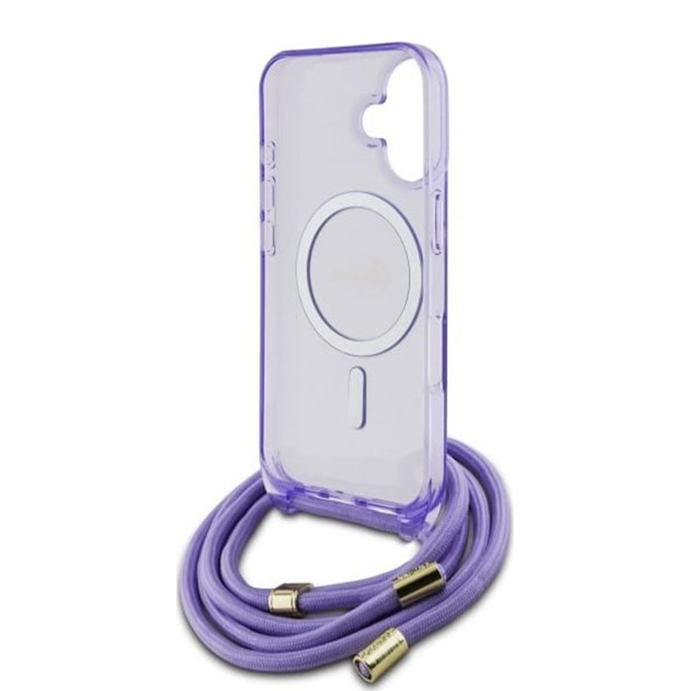 Custodia MagSafe per Apple iPhone 16, Guess, IML Crossbody Cord Script, Viola