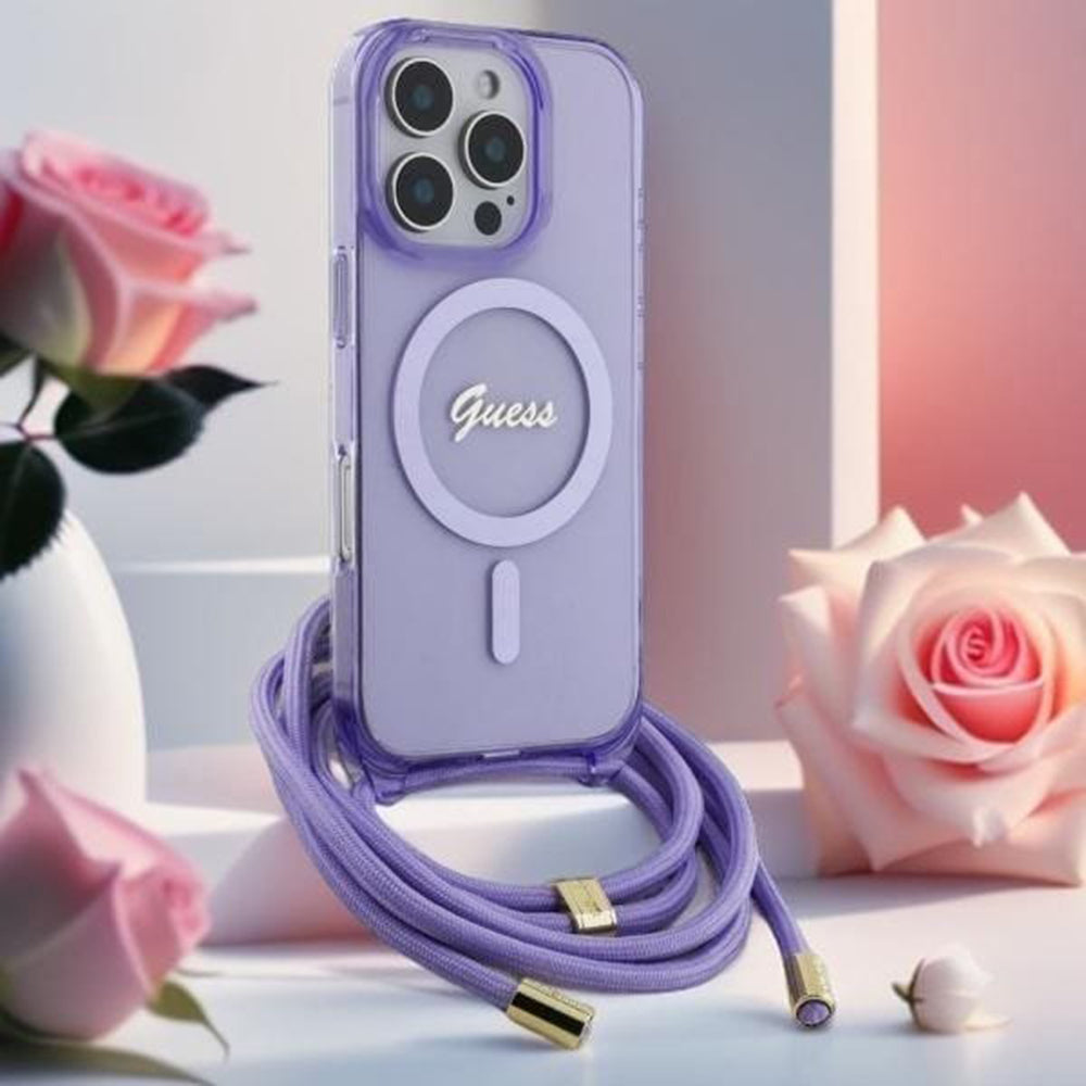 Custodia MagSafe per Apple iPhone 16, Guess, IML Crossbody Cord Script, Viola