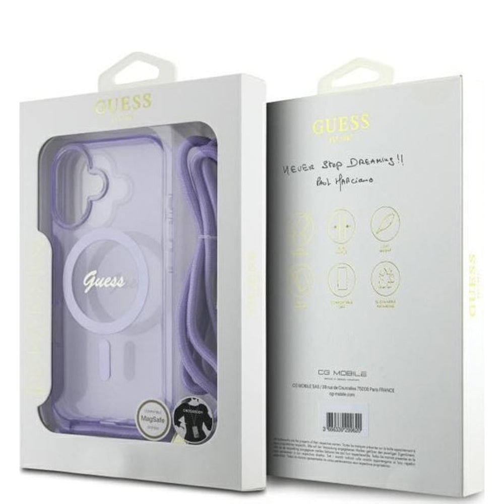 Custodia MagSafe per Apple iPhone 16, Guess, IML Crossbody Cord Script, Viola