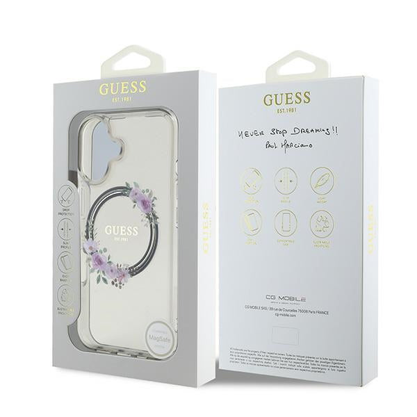 Custodia MagSafe per Apple iPhone 16, Guess, IML Flowers Wreath, Nera