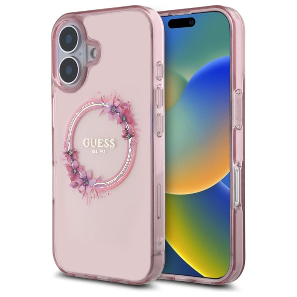Custodia MagSafe per Apple iPhone 16, Guess, IML Flowers Wreath, Rosa