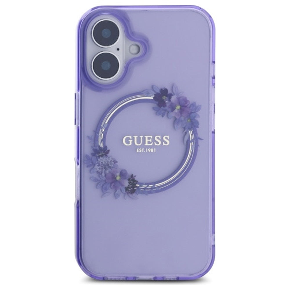 Custodia MagSafe per Apple iPhone 16, Guess, IML Flowers Wreath, Rosa