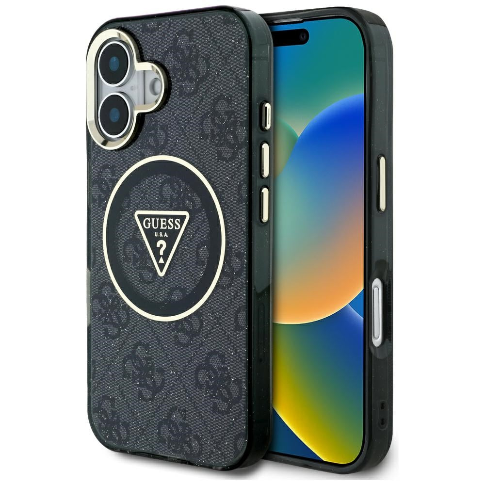 Custodia MagSafe per Apple iPhone 16, Guess, IML Glitter 4G Circle Triangle, Nera