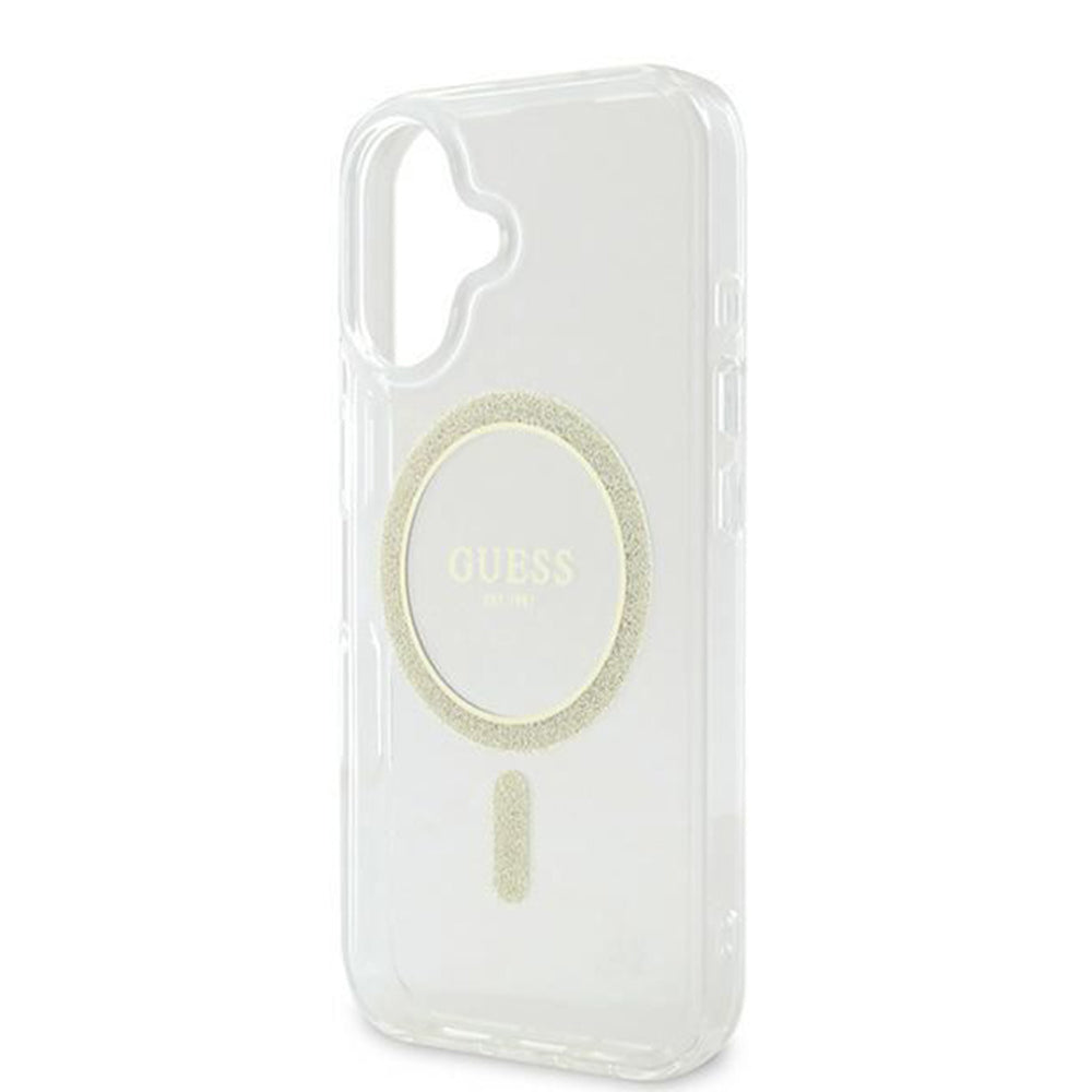 Custodia MagSafe per Apple iPhone 16, Guess, IML Glitter Circle, Trasparente