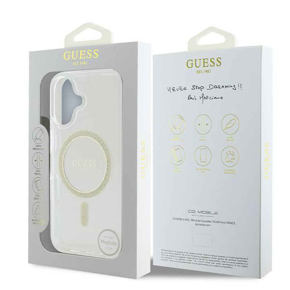 Custodia MagSafe per Apple iPhone 16, Guess, IML Glitter Circle, Trasparente