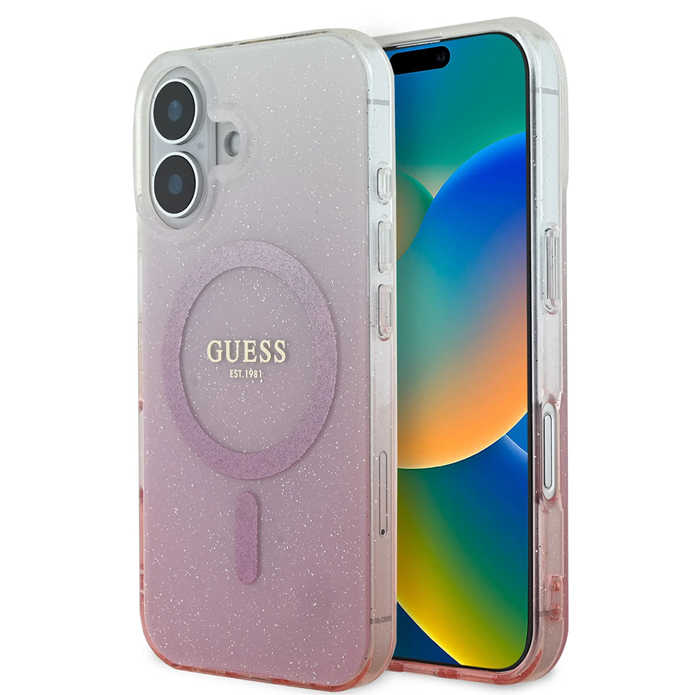Custodia MagSafe per Apple iPhone 16, Guess, IML Glitter Gradient, Rosa