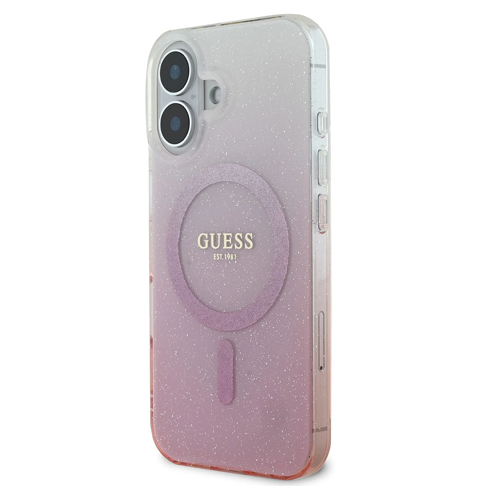 Custodia MagSafe per Apple iPhone 16, Guess, IML Glitter Gradient, Rosa