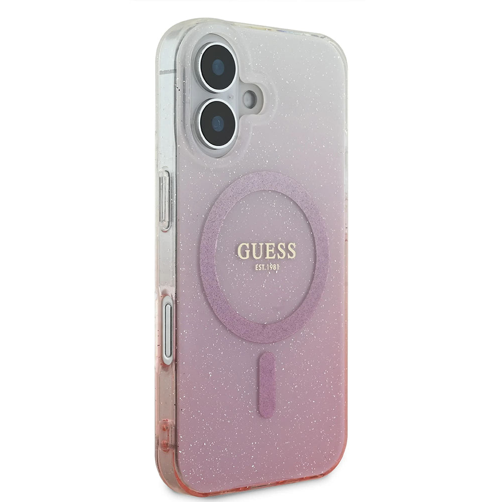 Custodia MagSafe per Apple iPhone 16, Guess, IML Glitter Gradient, Rosa