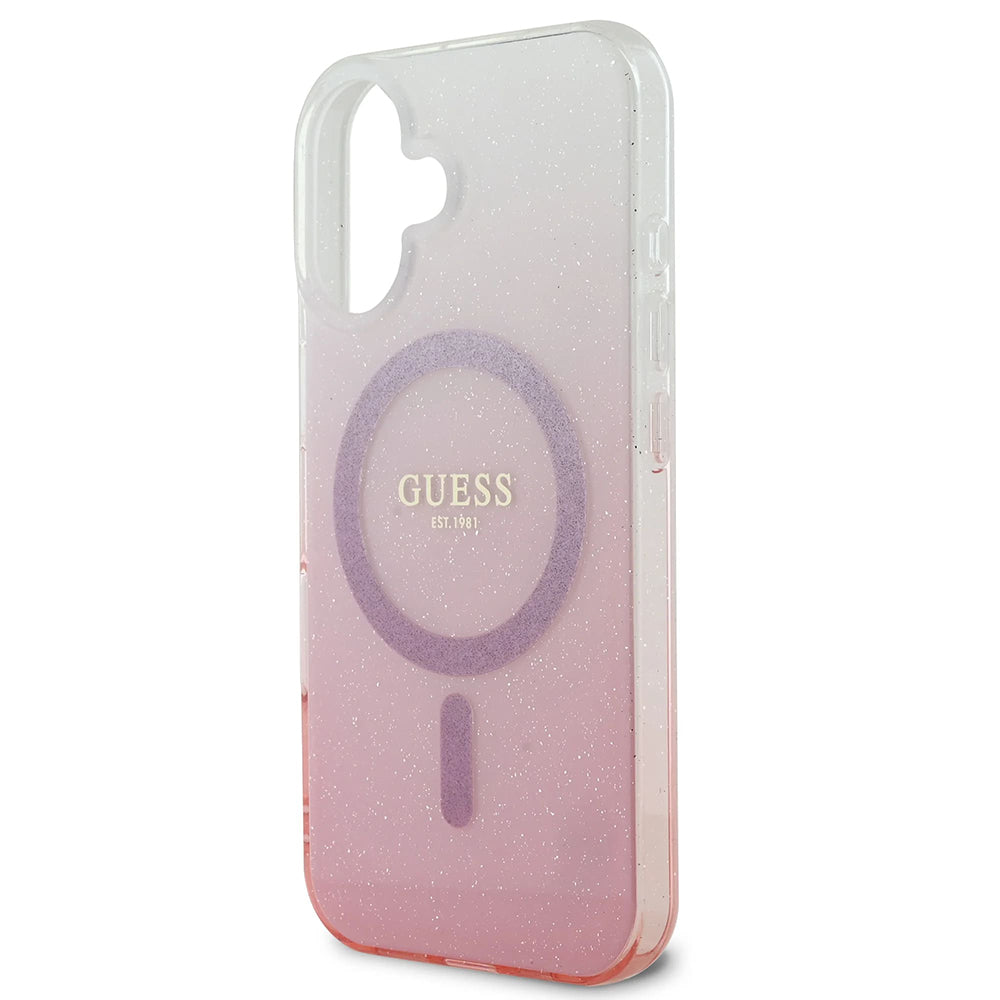 Custodia MagSafe per Apple iPhone 16, Guess, IML Glitter Gradient, Rosa