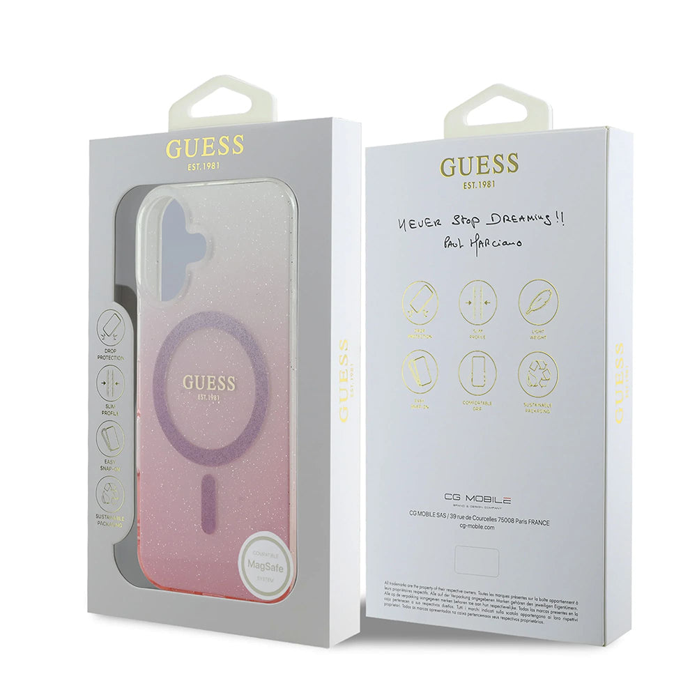 Custodia MagSafe per Apple iPhone 16, Guess, IML Glitter Gradient, Rosa