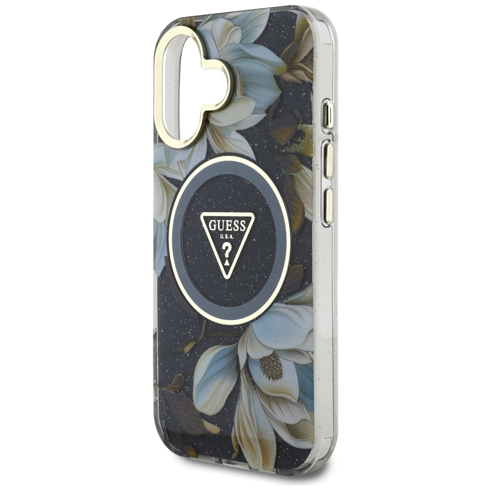 Custodia MagSafe per Apple iPhone 16, Guess, IML Metal Glitter Flowers Triangle, Nera