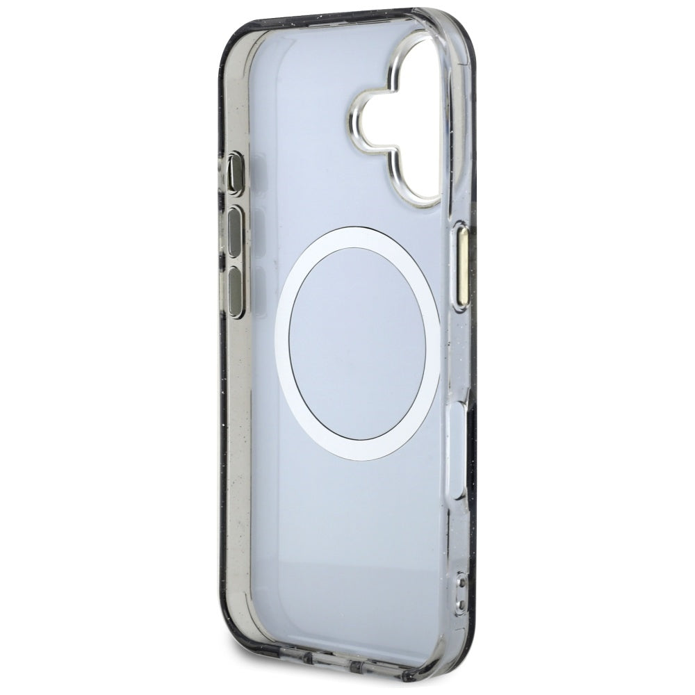 Custodia MagSafe per Apple iPhone 16, Guess, IML Metal Glitter Flowers Triangle, Nera