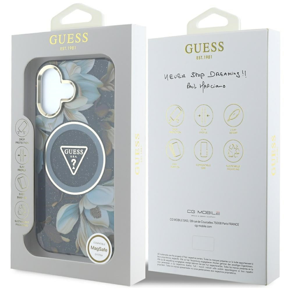 Custodia MagSafe per Apple iPhone 16, Guess, IML Metal Glitter Flowers Triangle, Nera