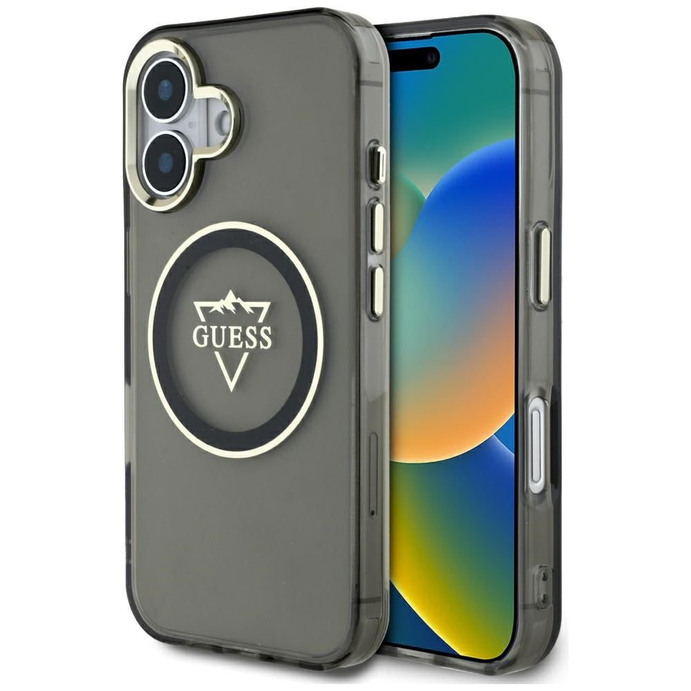 Custodia MagSafe per Apple iPhone 16, Guess, IML Metal Mountain Logo, Nera