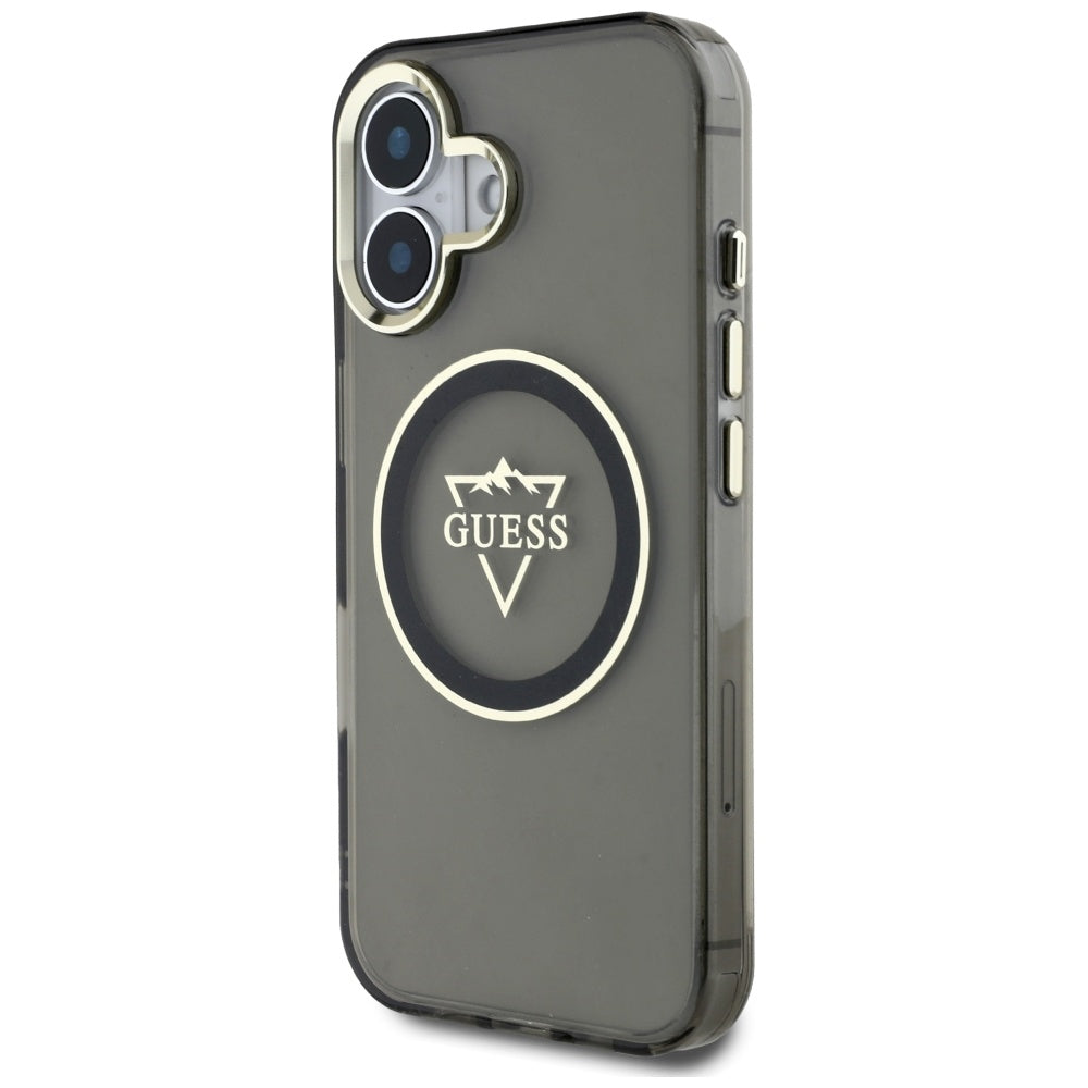 Custodia MagSafe per Apple iPhone 16, Guess, IML Metal Mountain Logo, Nera