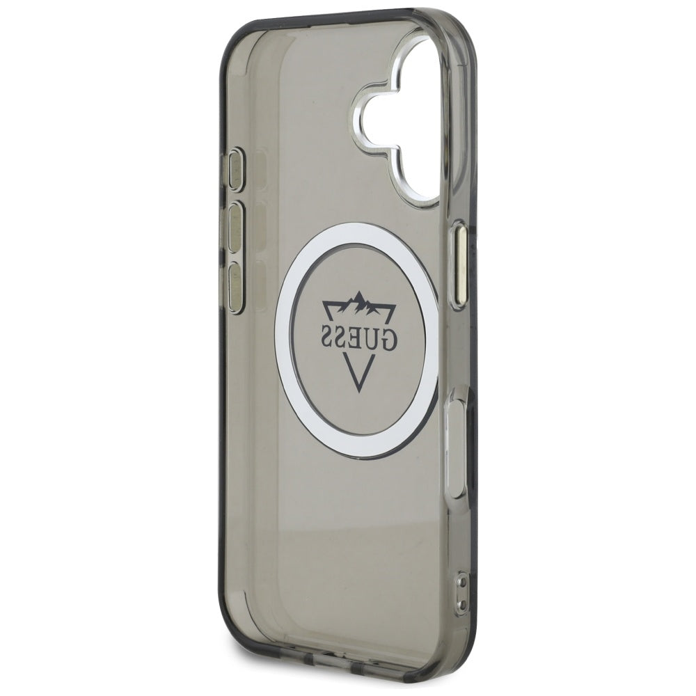 Custodia MagSafe per Apple iPhone 16, Guess, IML Metal Mountain Logo, Nera
