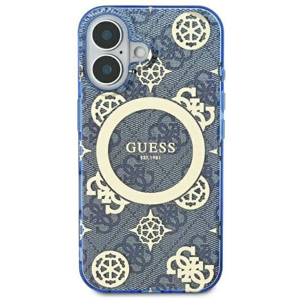 Custodia MagSafe per Apple iPhone 16, Guess, IML Peony su sfondo 4G, Blu