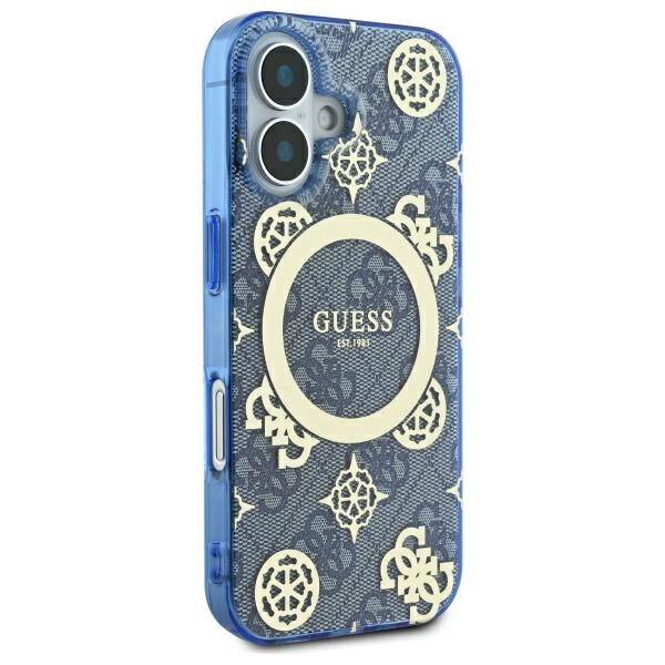 Custodia MagSafe per Apple iPhone 16, Guess, IML Peony su sfondo 4G, Blu