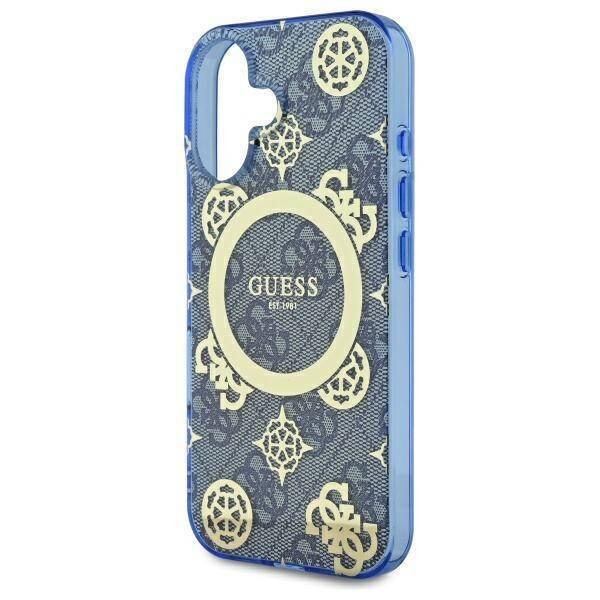 Custodia MagSafe per Apple iPhone 16, Guess, IML Peony su sfondo 4G, Blu