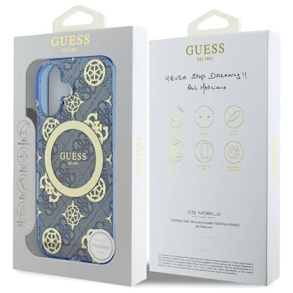 Custodia MagSafe per Apple iPhone 16, Guess, IML Peony su sfondo 4G, Blu