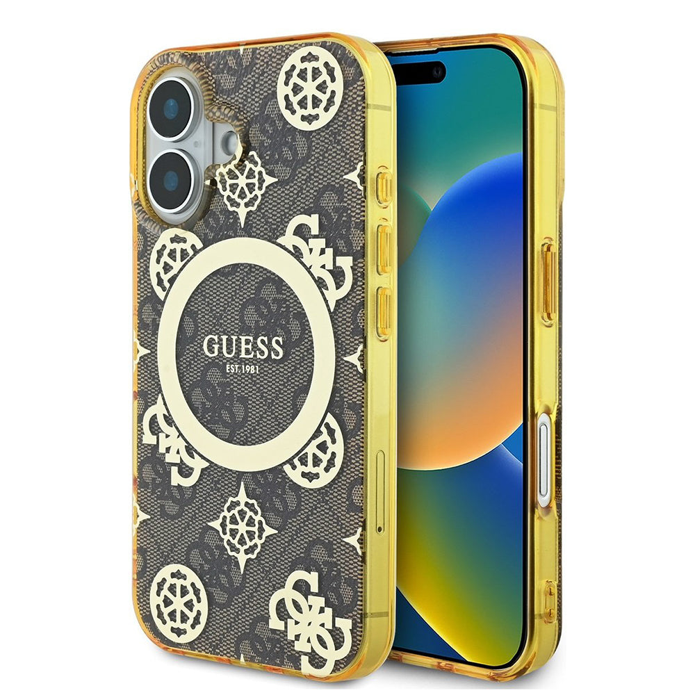 Custodia MagSafe per Apple iPhone 16, Guess, IML Peony su sfondo 4G, Marrone